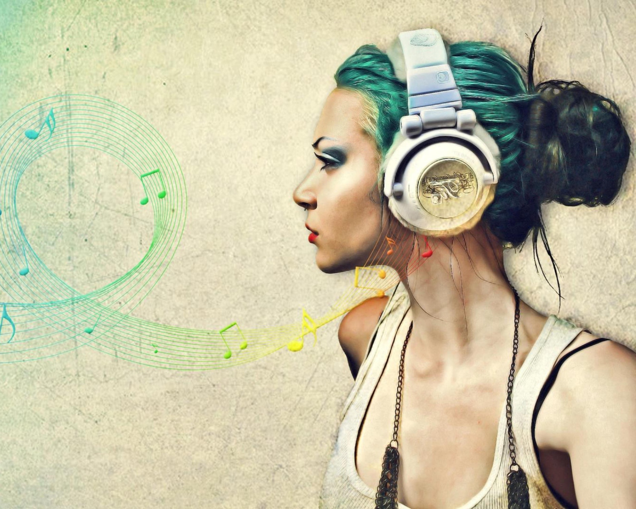 Обои Girl With Headphones Artistic Portrait 1280x1024