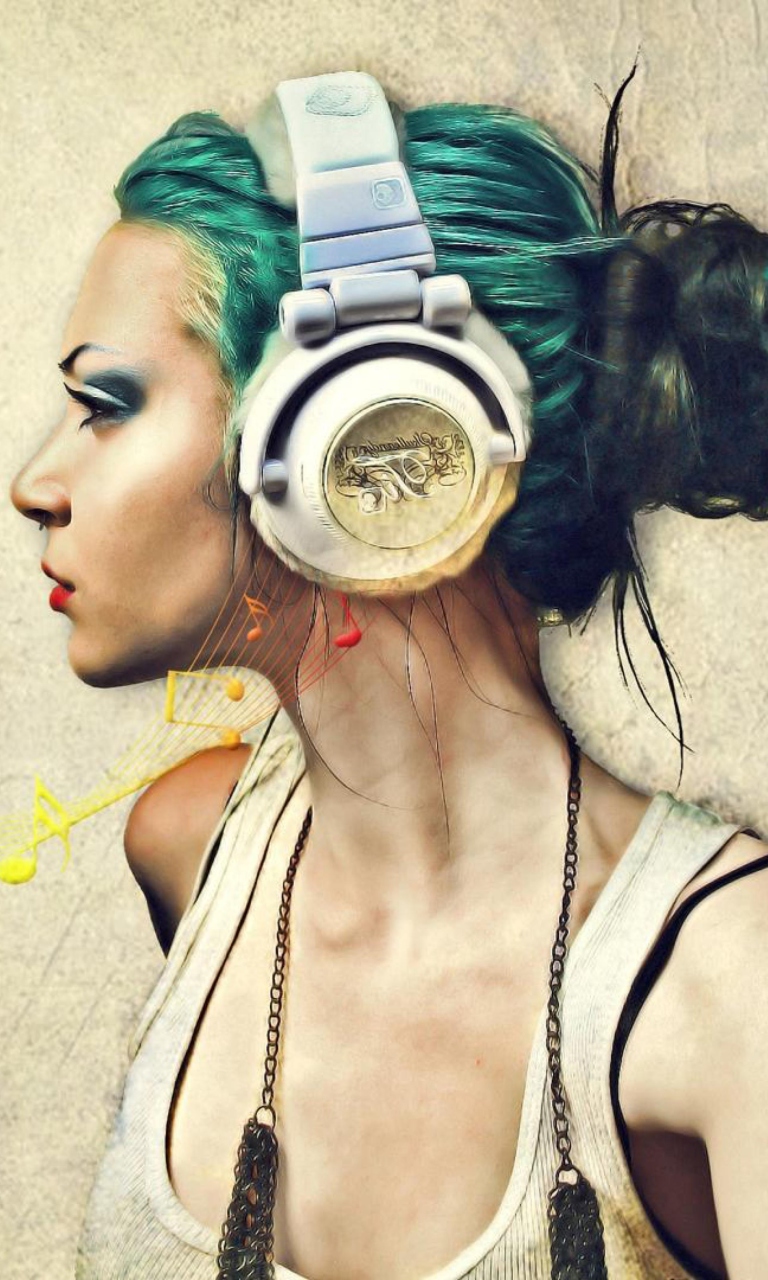 Обои Girl With Headphones Artistic Portrait 768x1280