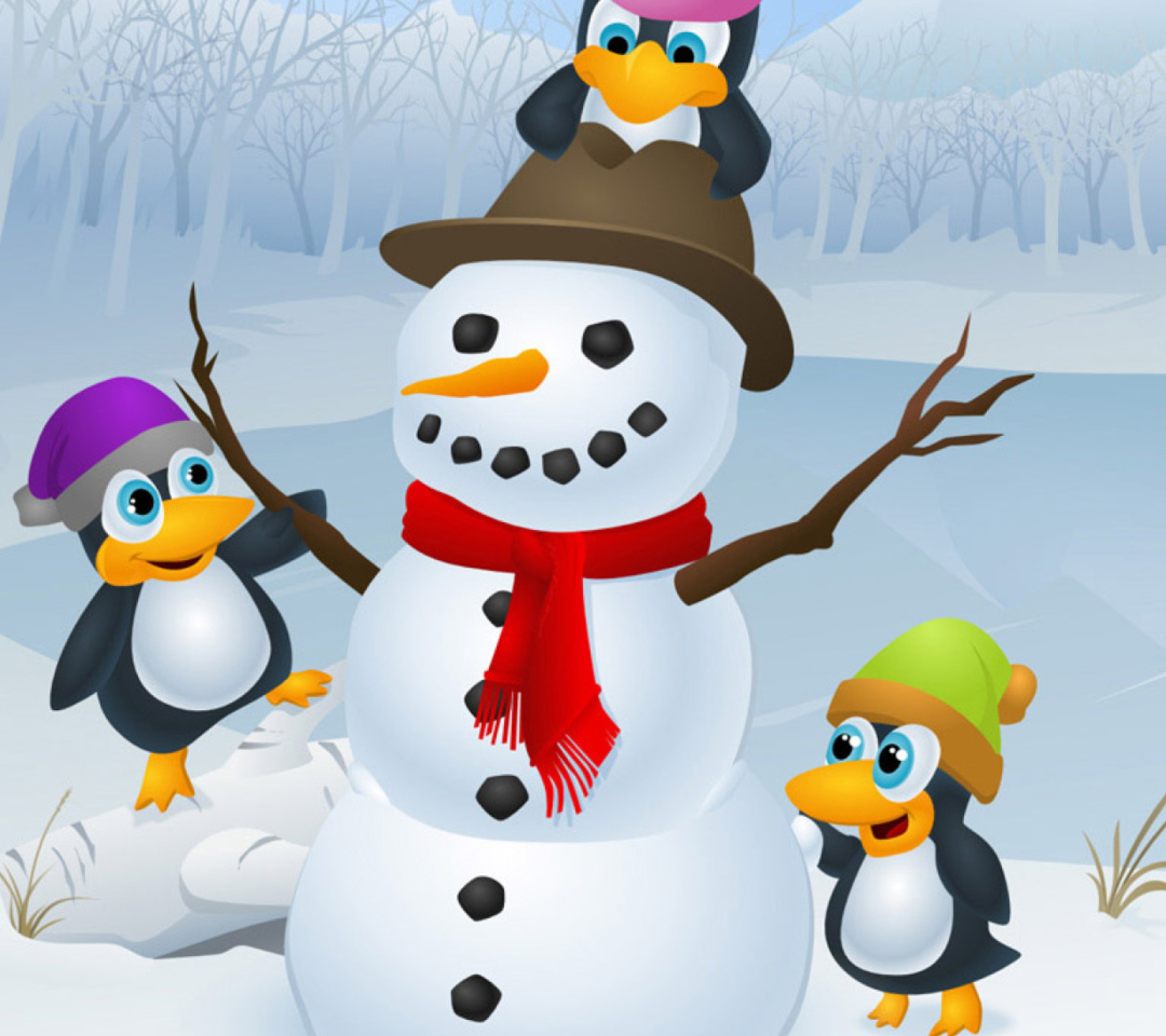Fondo de pantalla Snowman With Penguins 1080x960