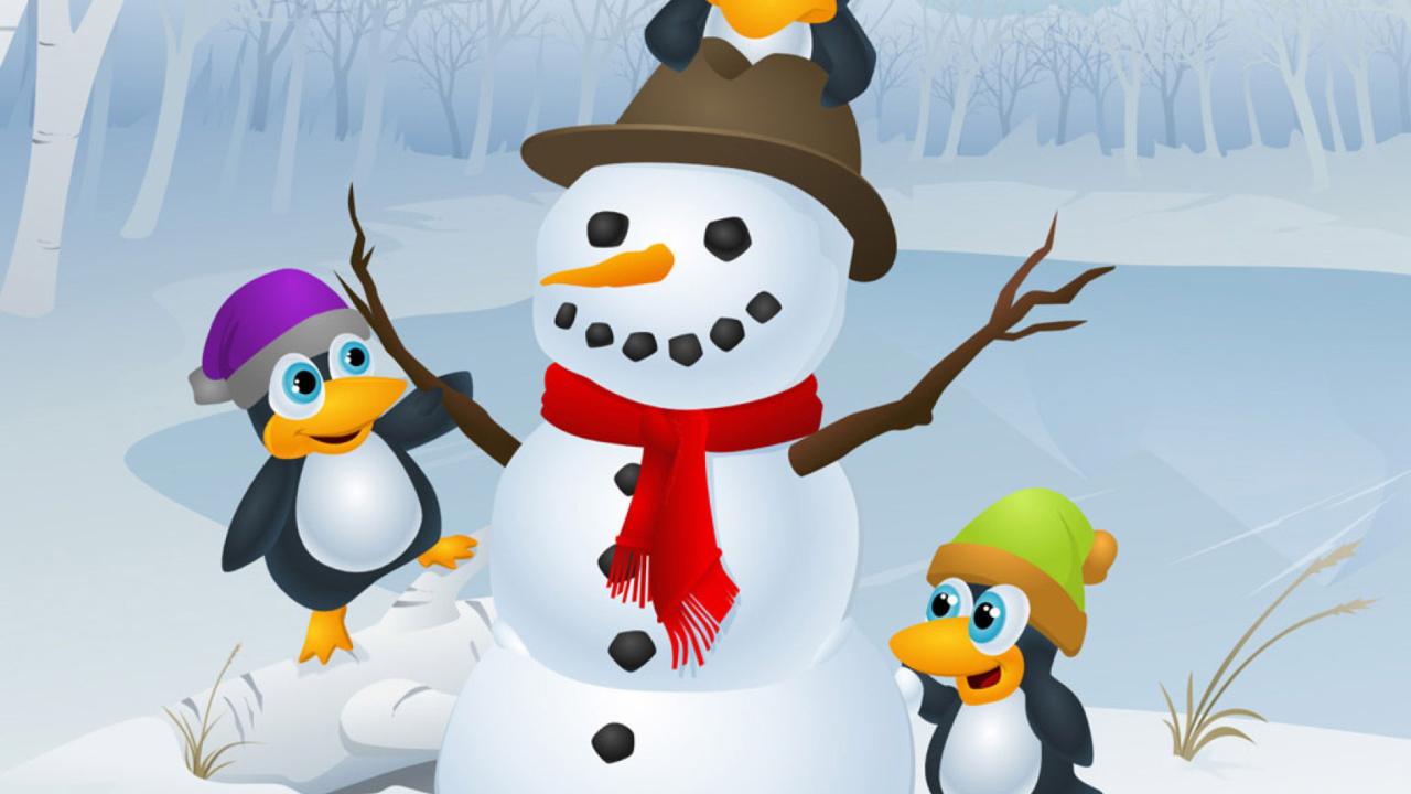 Fondo de pantalla Snowman With Penguins 1280x720