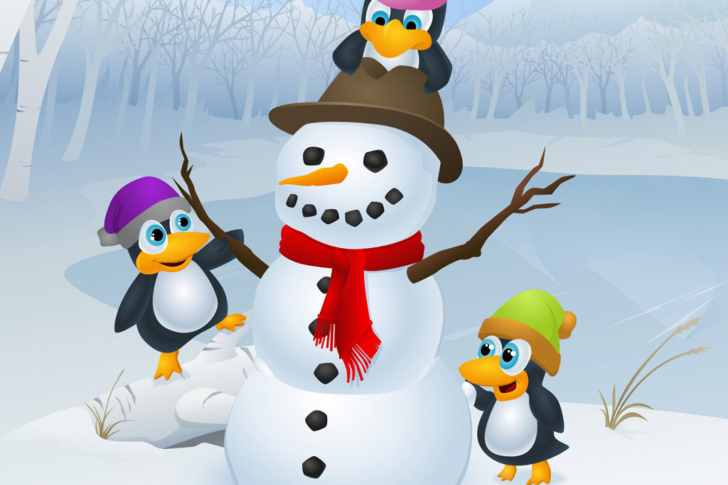 Snowman With Penguins wallpaper
