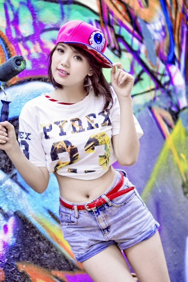 Cute Asian Graffiti Artist Girl wallpaper 640x960