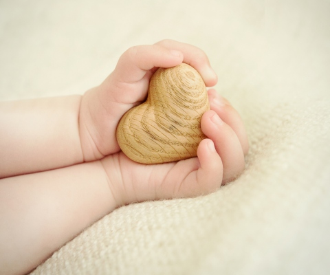 Little Wooden Heart In Child's Hands wallpaper 480x400