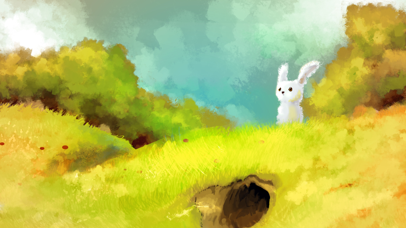 Das Cute White Bunny Painting Wallpaper 1366x768