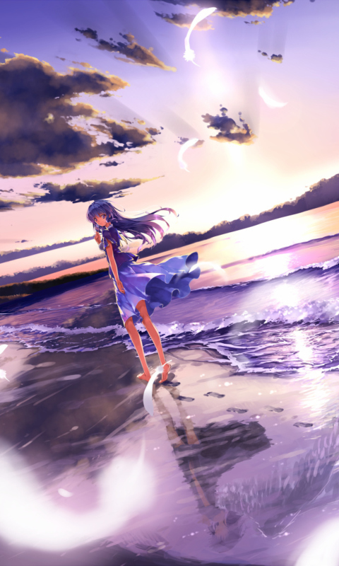 Das Anime Girl On Beach Wallpaper 480x800