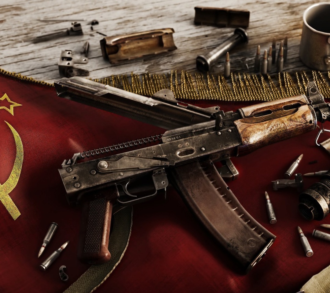 Das USSR Flag and AK 47 Kalashnikov rifle Wallpaper 1080x960