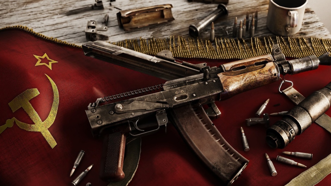 Обои USSR Flag and AK 47 Kalashnikov rifle 1280x720