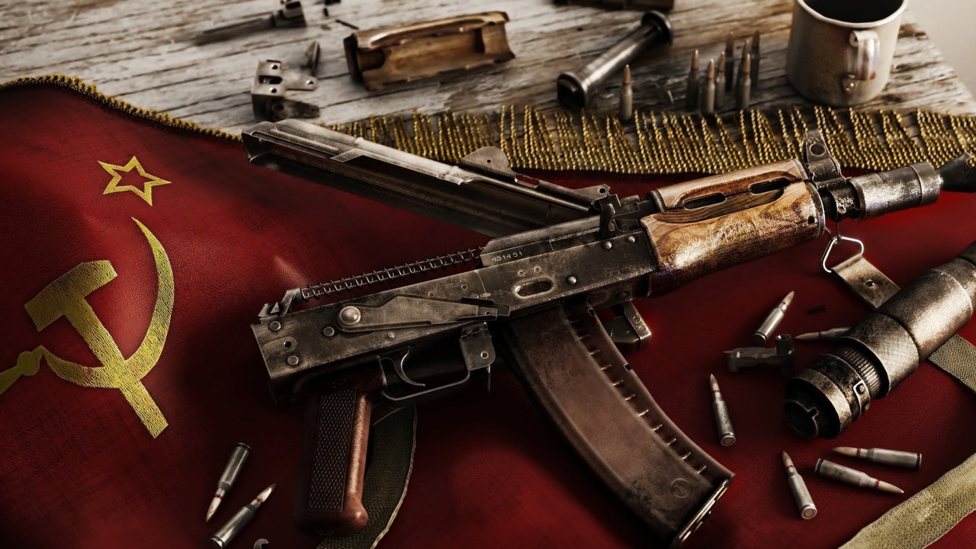 Das USSR Flag and AK 47 Kalashnikov rifle Wallpaper 1920x1080
