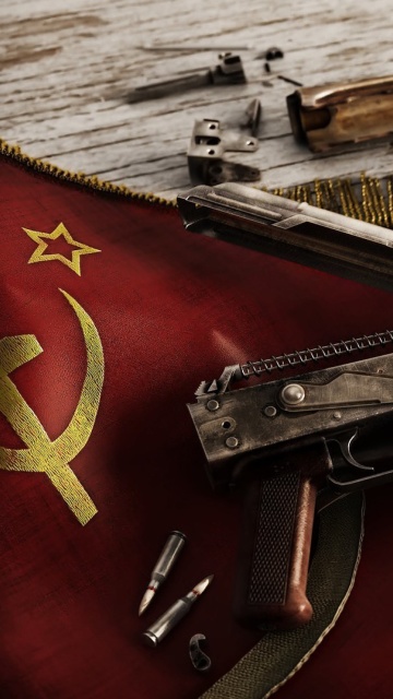 Fondo de pantalla USSR Flag and AK 47 Kalashnikov rifle 360x640