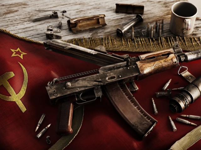 Das USSR Flag and AK 47 Kalashnikov rifle Wallpaper 640x480