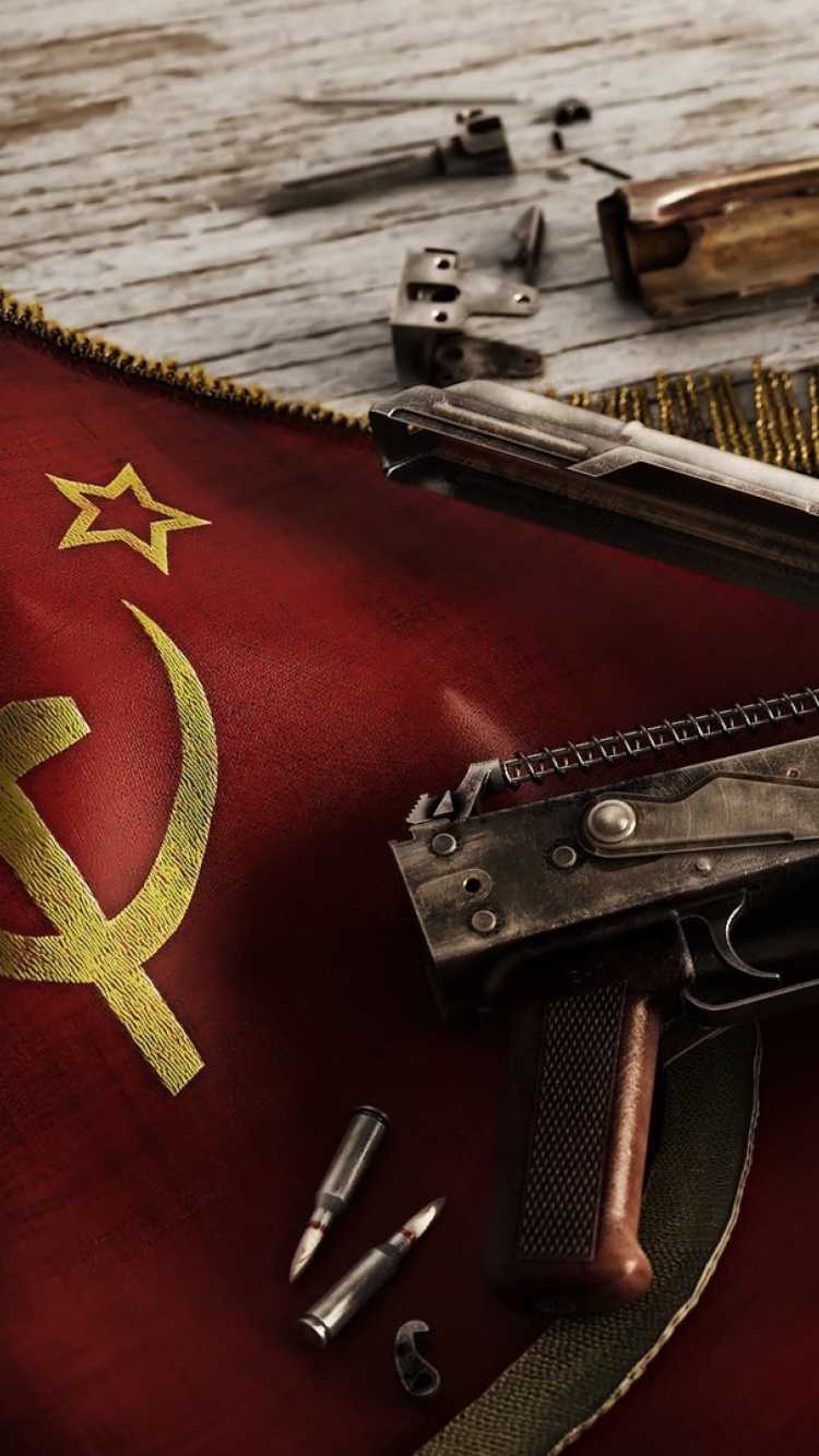 USSR Flag and AK 47 Kalashnikov rifle wallpaper 750x1334