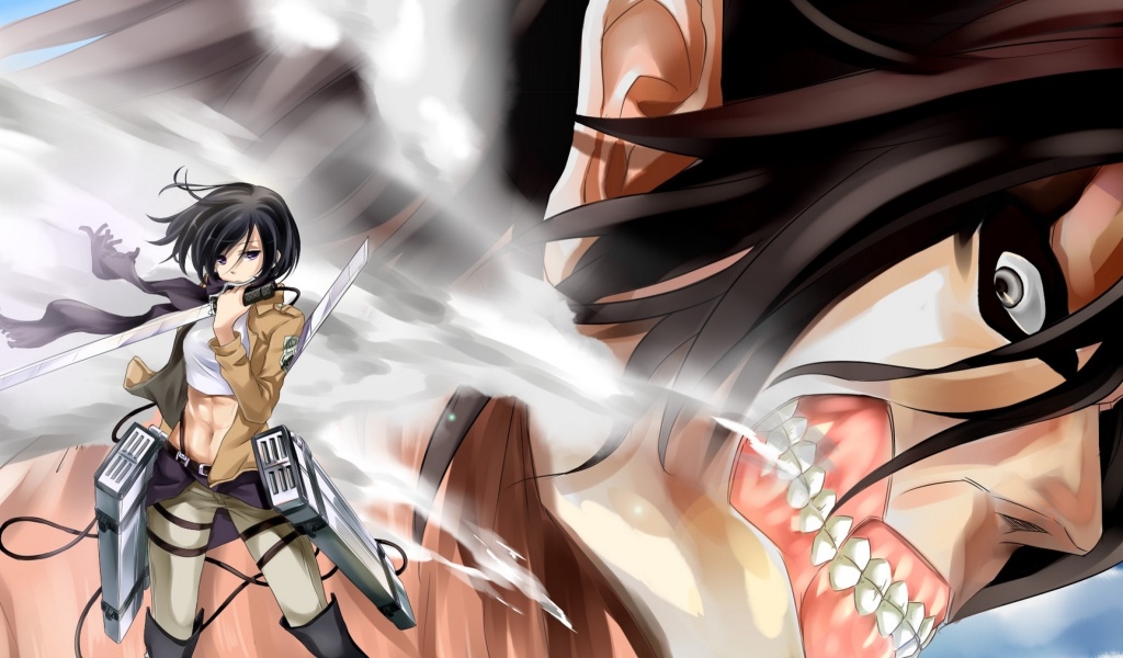 Обои Attack on Titan with Eren and Mikasa 1024x600