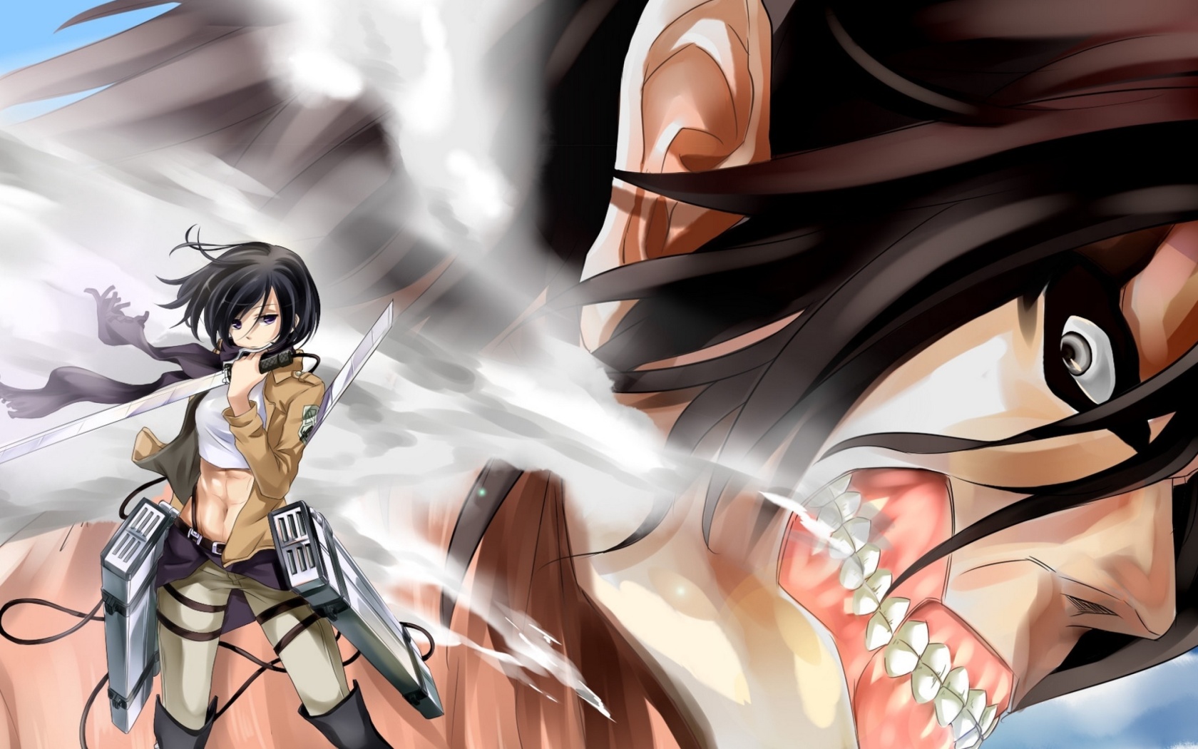Обои Attack on Titan with Eren and Mikasa 1680x1050