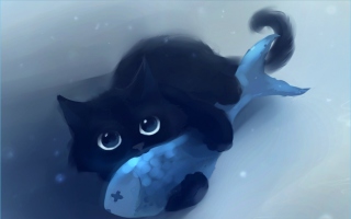 Black Cat & Blue Fish - Obrázkek zdarma pro Fullscreen Desktop 1024x768