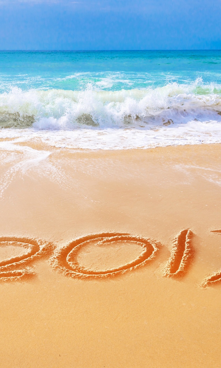 Happy New Year 2017 Phrase on Beach wallpaper 768x1280