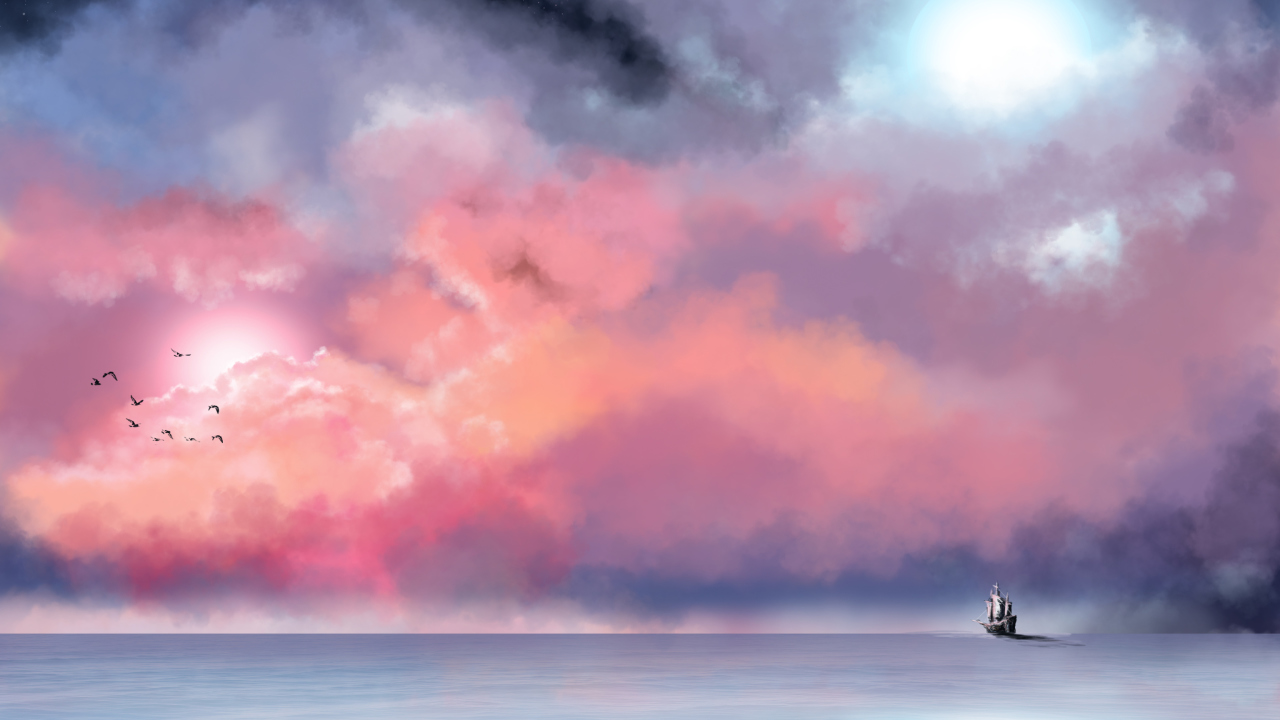 Screenshot №1 pro téma Lonely Ship In Big Blue Sea Painting 1280x720