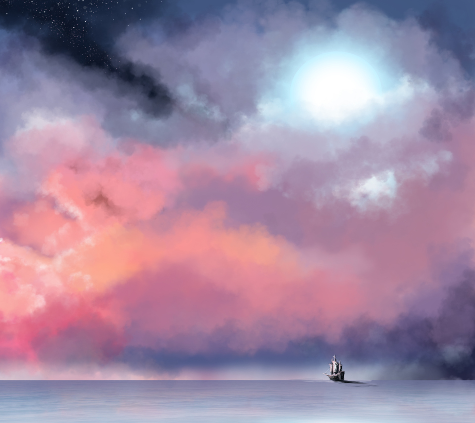 Fondo de pantalla Lonely Ship In Big Blue Sea Painting 960x854