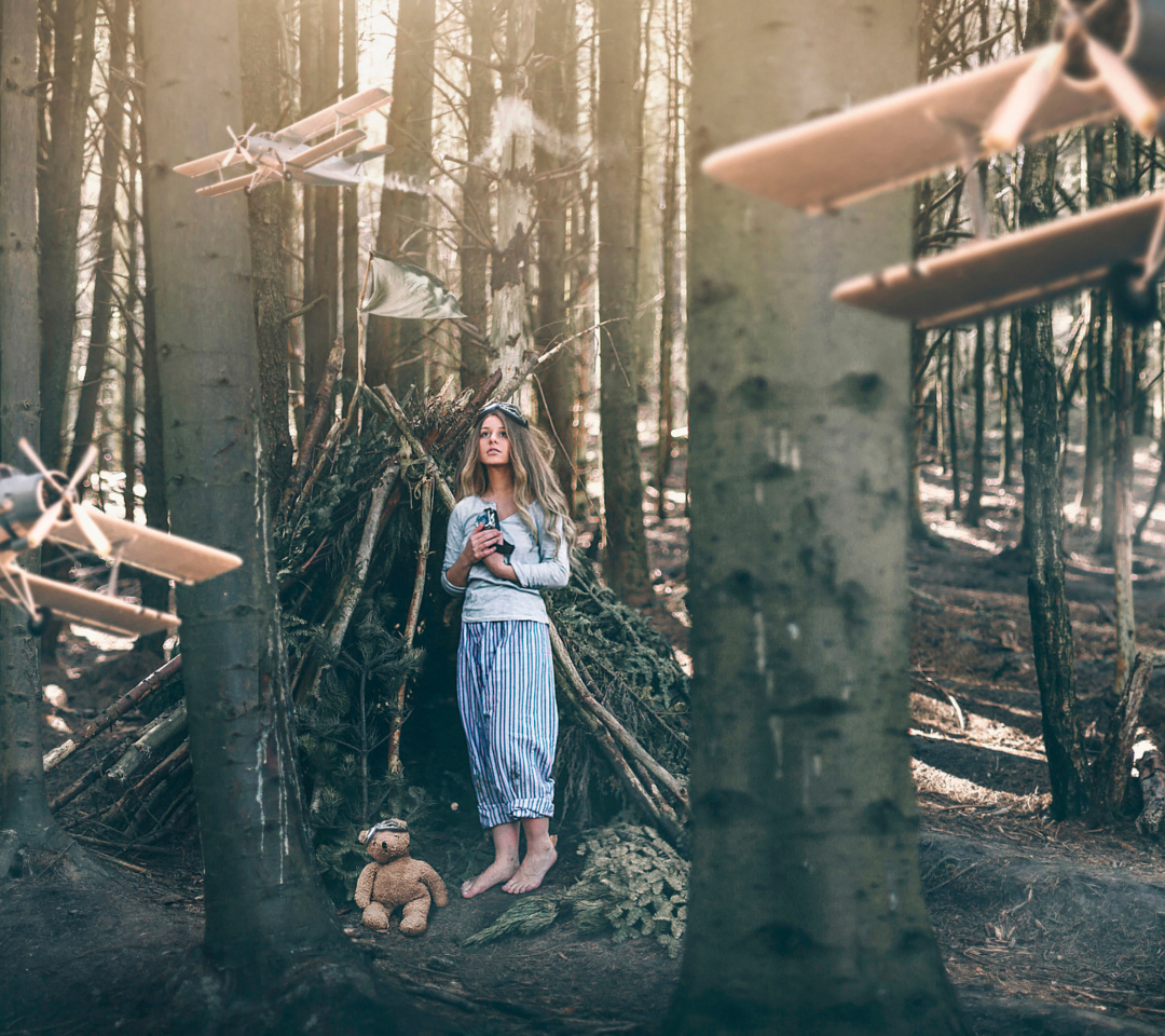 Sfondi Girl And Teddy Bear In Forest By Rosie Hardy 1080x960