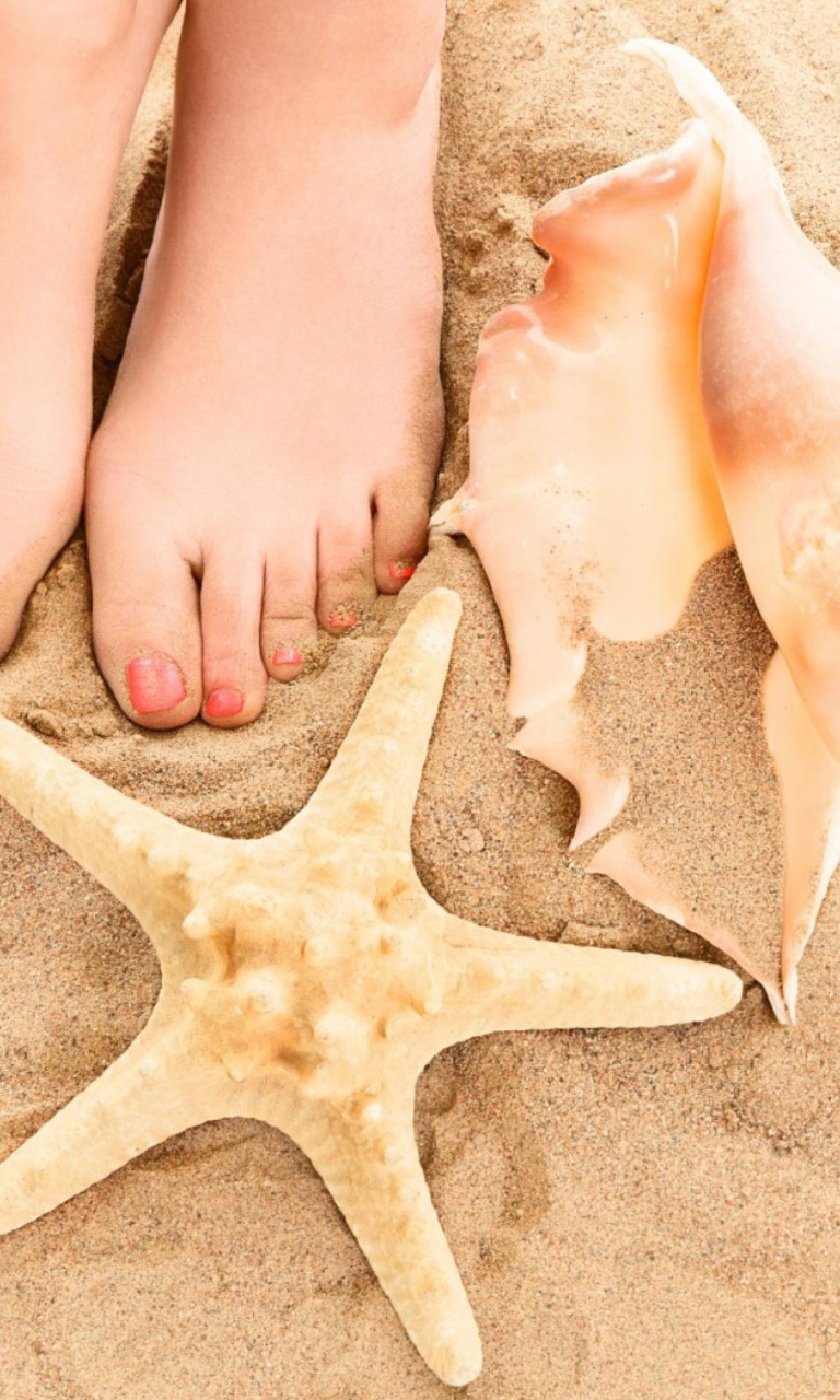 Sfondi Seashell, Seastar And Sandy Feet 768x1280