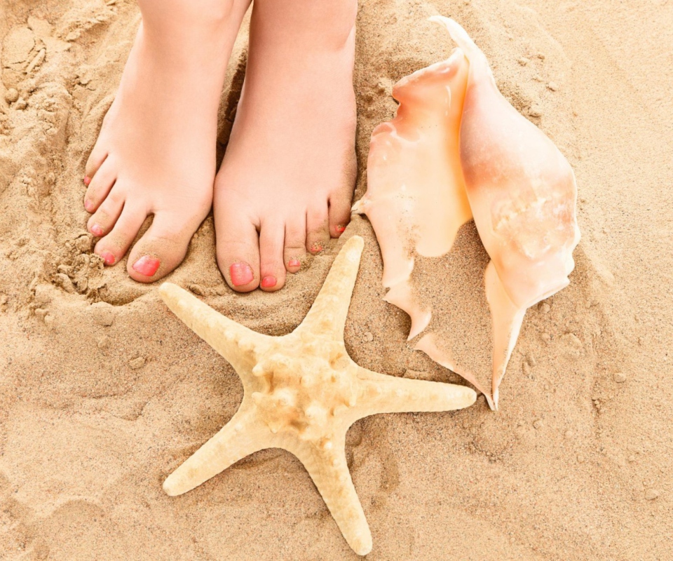 Sfondi Seashell, Seastar And Sandy Feet 960x800