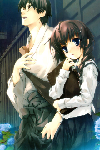 Sfondi Anime Girl and Guy with kitten 320x480