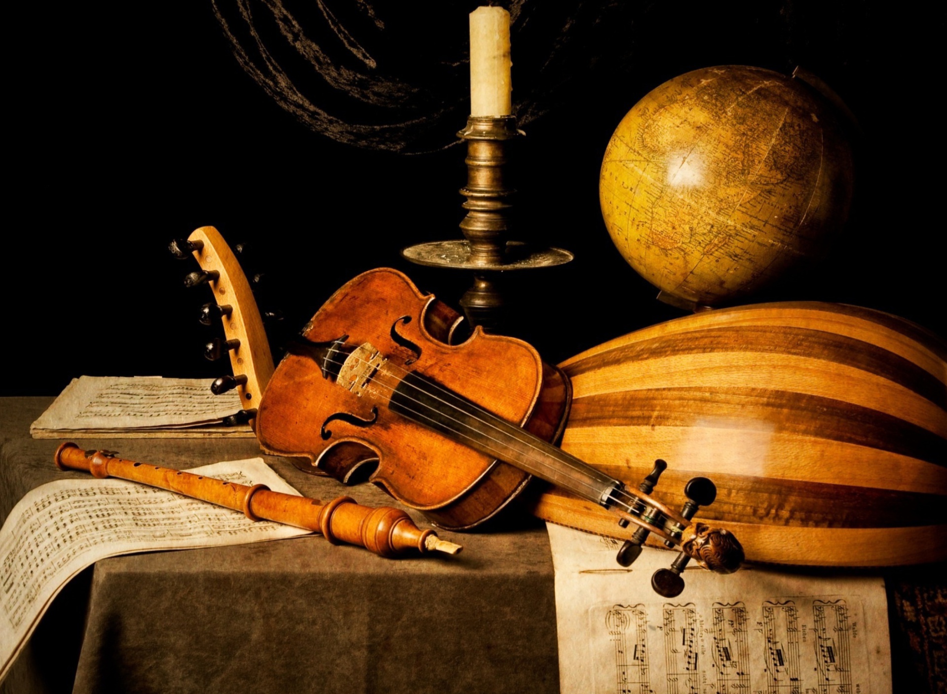 Still life with violin and flute wallpaper 1920x1408