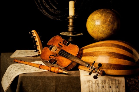 Обои Still life with violin and flute 480x320