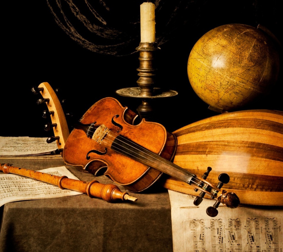 Still life with violin and flute wallpaper 960x854