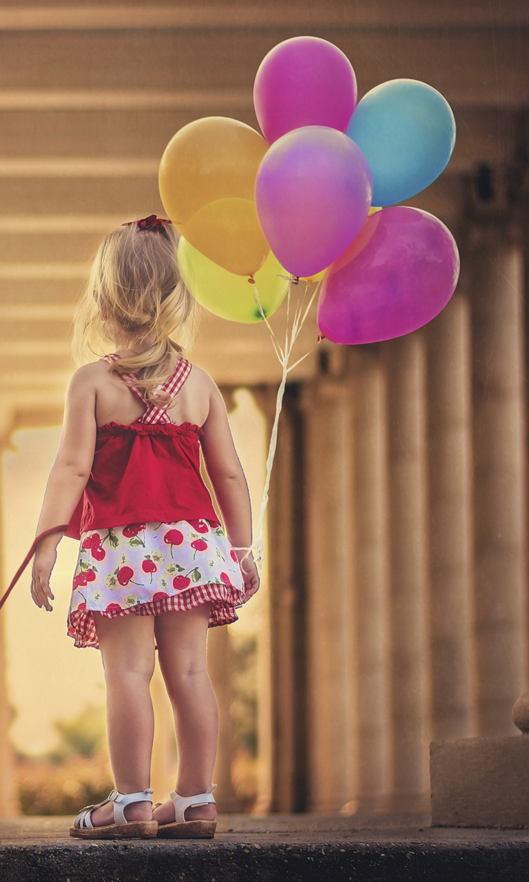 Обои Little Girl With Colorful Balloons 768x1280