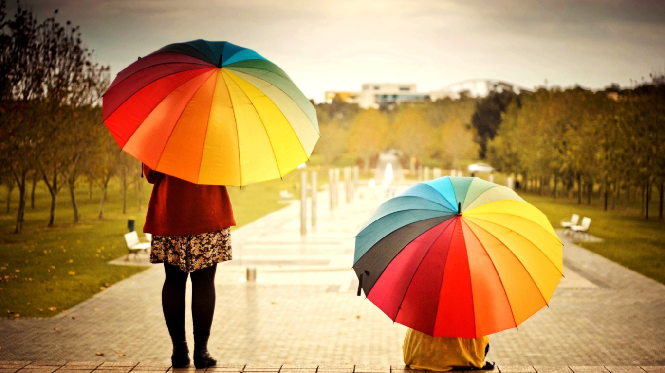 Girl With Rainbow Umbrella wallpaper 1366x768