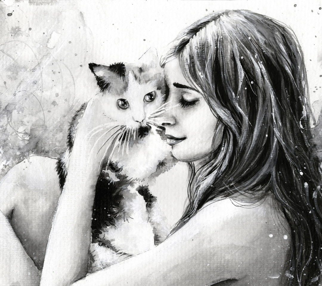 Girl With Cat Black And White Painting screenshot #1 1080x960