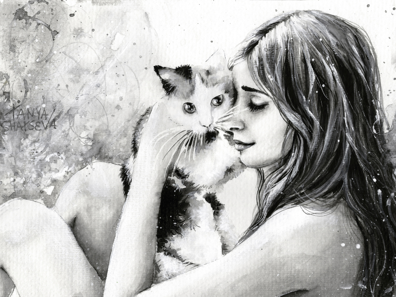 Screenshot №1 pro téma Girl With Cat Black And White Painting 1280x960