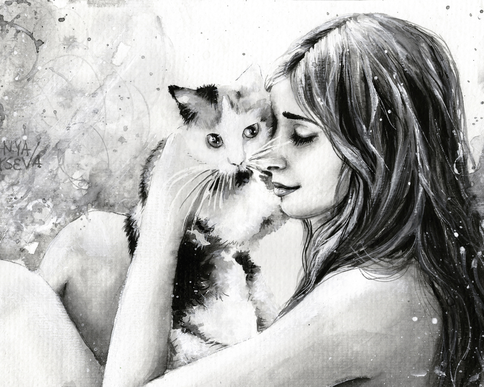 Screenshot №1 pro téma Girl With Cat Black And White Painting 1600x1280