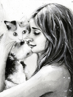 Sfondi Girl With Cat Black And White Painting 240x320