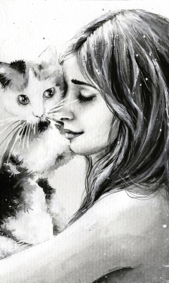 Screenshot №1 pro téma Girl With Cat Black And White Painting 240x400