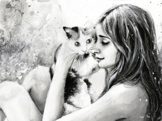 Girl With Cat Black And White Painting wallpaper 320x240