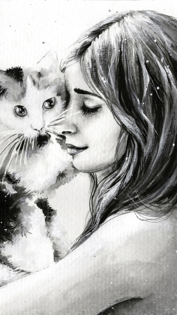 Screenshot №1 pro téma Girl With Cat Black And White Painting 360x640