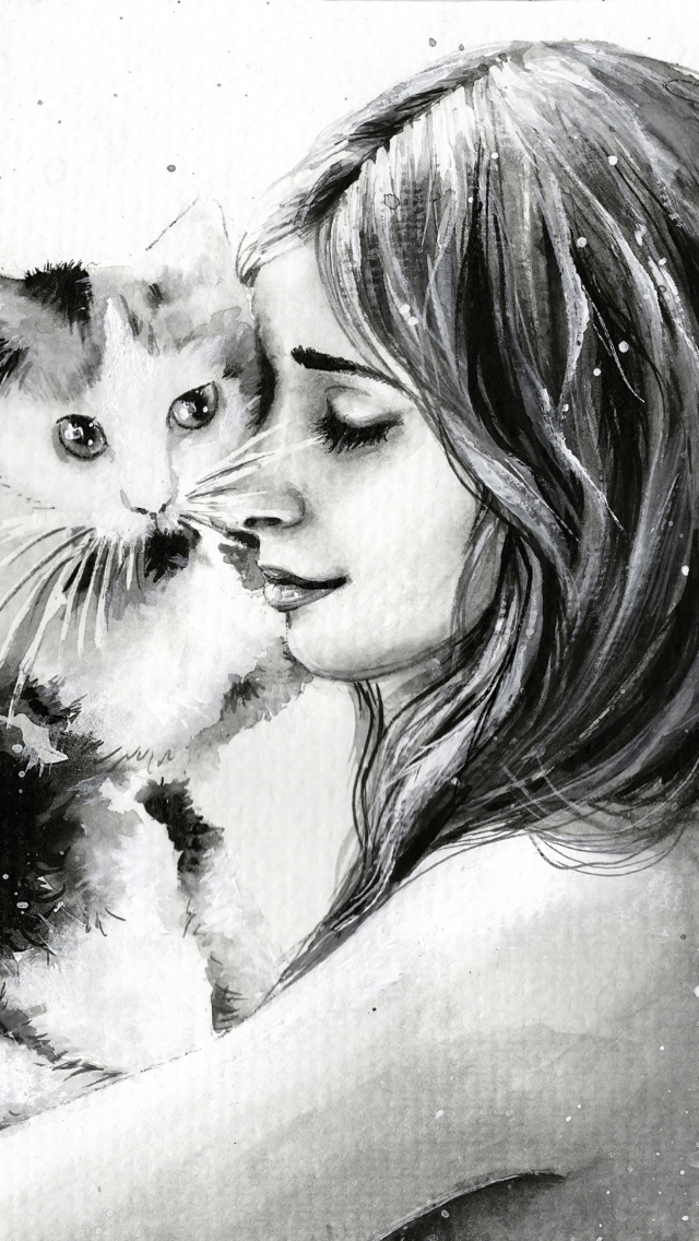 Fondo de pantalla Girl With Cat Black And White Painting 640x1136