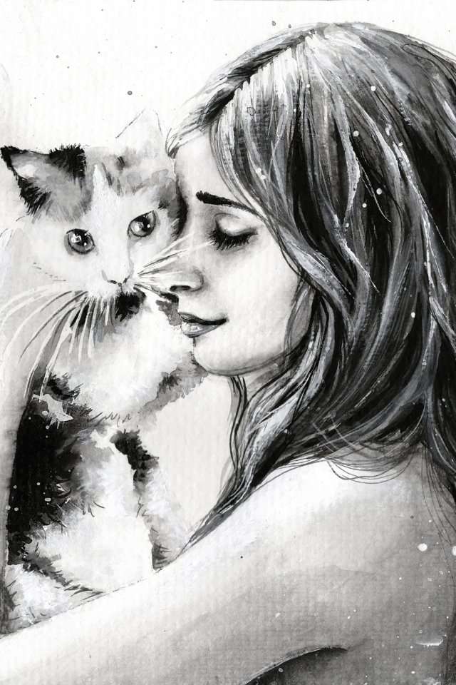 Screenshot №1 pro téma Girl With Cat Black And White Painting 640x960
