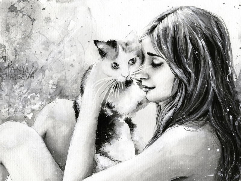 Das Girl With Cat Black And White Painting Wallpaper 800x600
