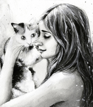 Girl With Cat Black And White Painting - Obrázkek zdarma pro 480x640