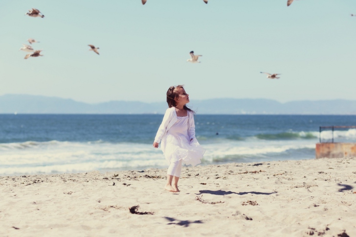 Sfondi Little Girl At Beach And Seagulls