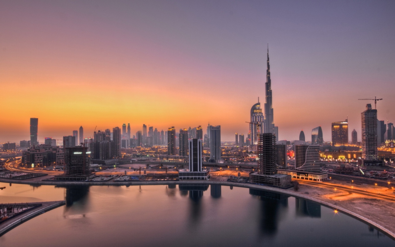Обои UAE Dubai Skyscrapers Sunset 1280x800