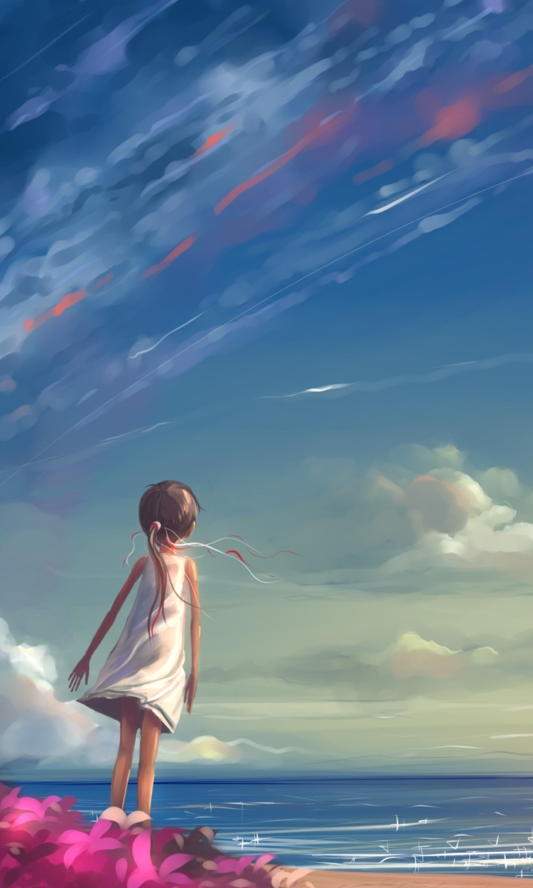 Das Little Girl, Summer, Sky And Sea Painting Wallpaper 768x1280
