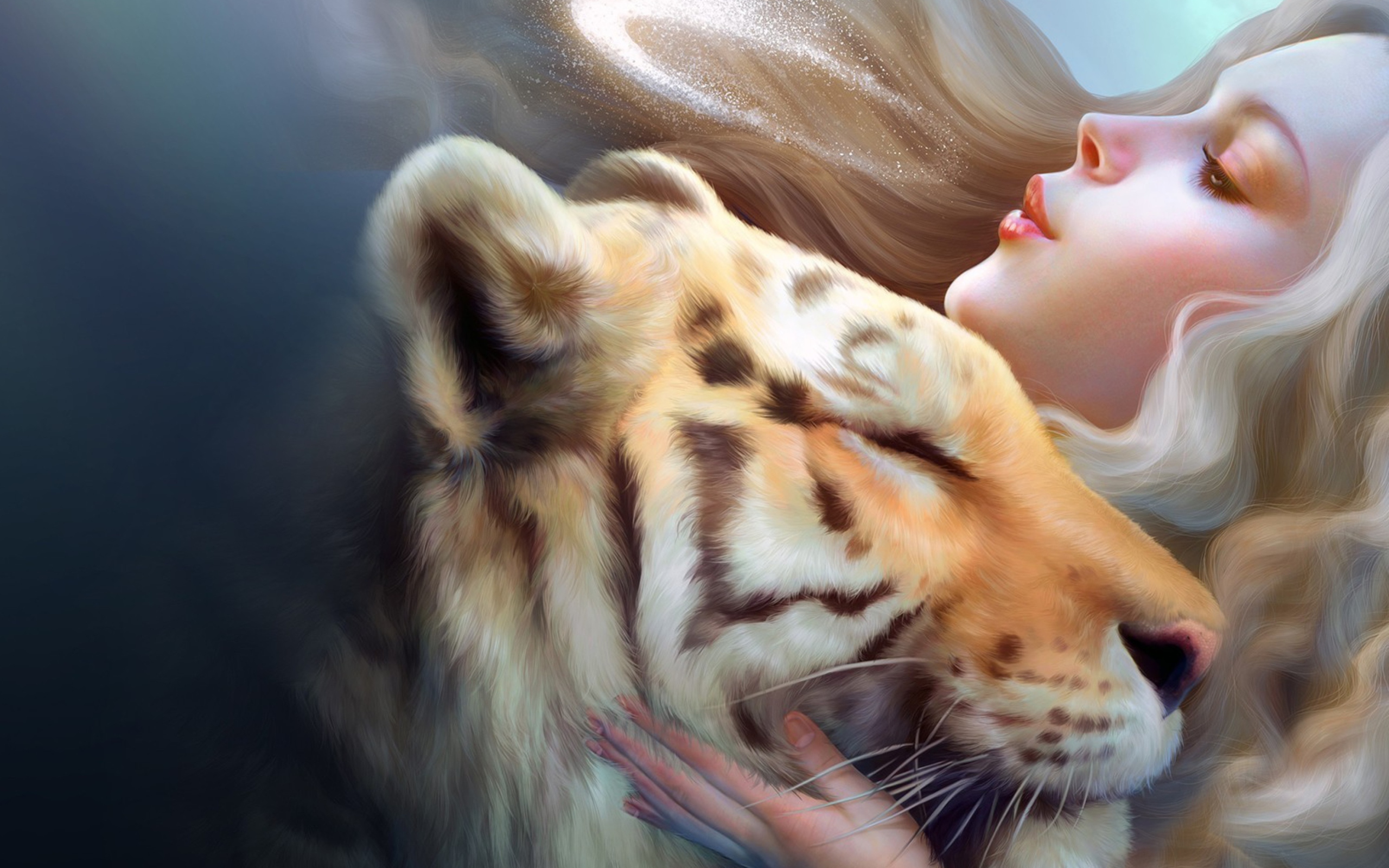 Обои Girl And Tiger Art 2560x1600
