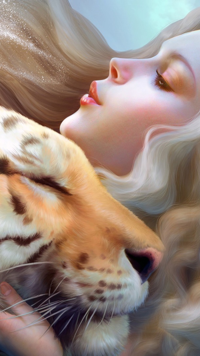 Sfondi Girl And Tiger Art 640x1136