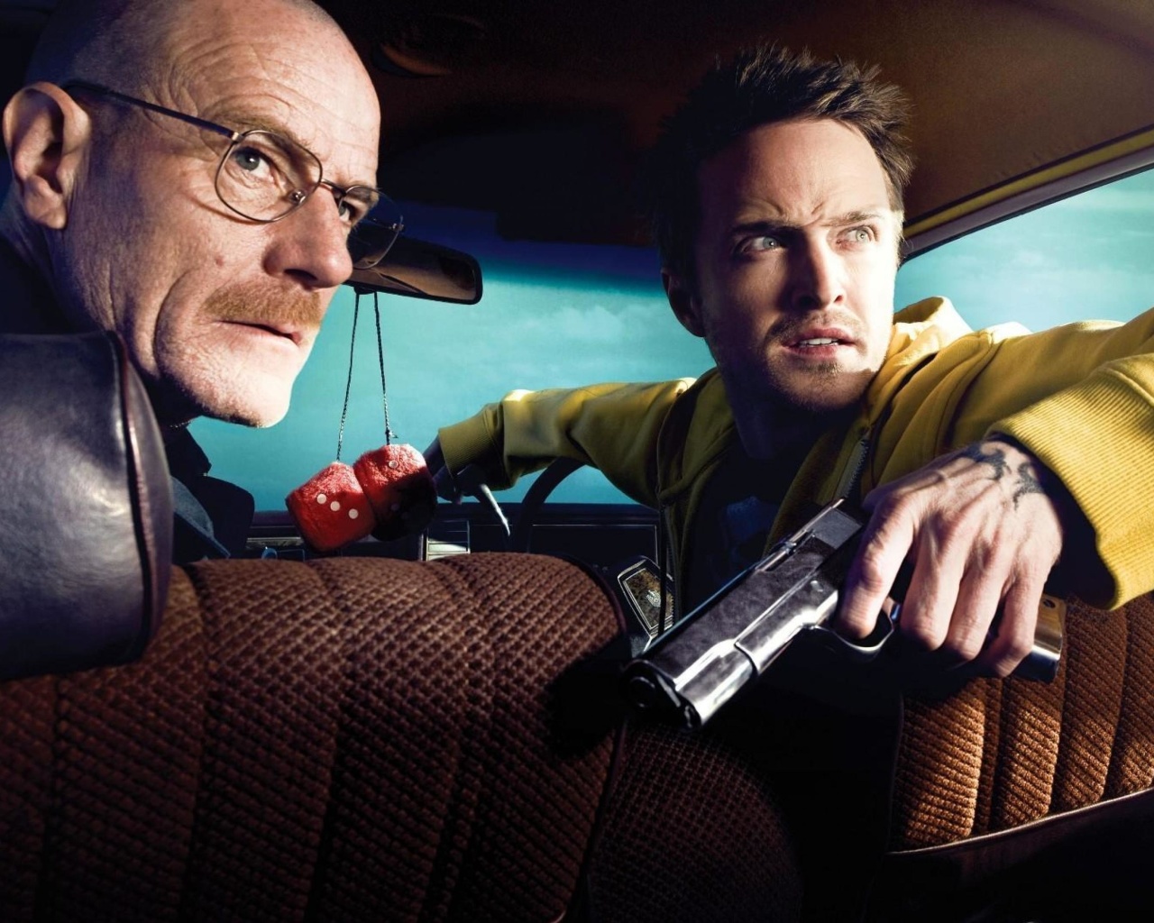 Screenshot №1 pro téma Jessie Pinkman Aaron Paul and Walter White Bryan Cranston Heisenberg in Breaking Bad 1280x1024