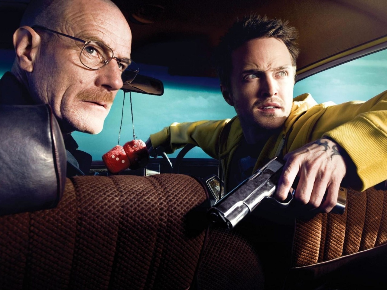 Fondo de pantalla Jessie Pinkman Aaron Paul and Walter White Bryan Cranston Heisenberg in Breaking Bad 1280x960