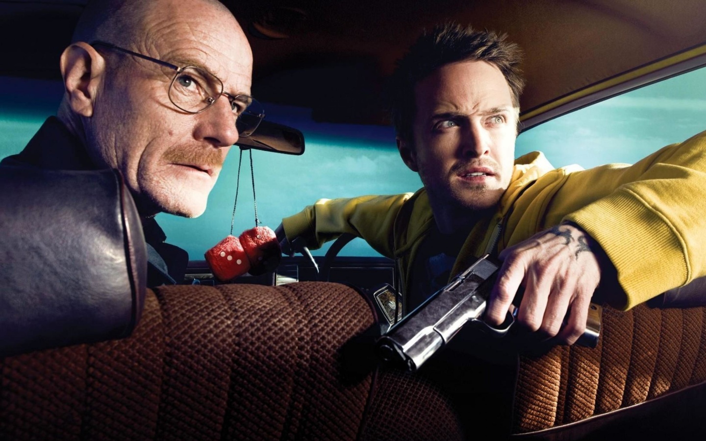 Обои Jessie Pinkman Aaron Paul and Walter White Bryan Cranston Heisenberg in Breaking Bad 1440x900