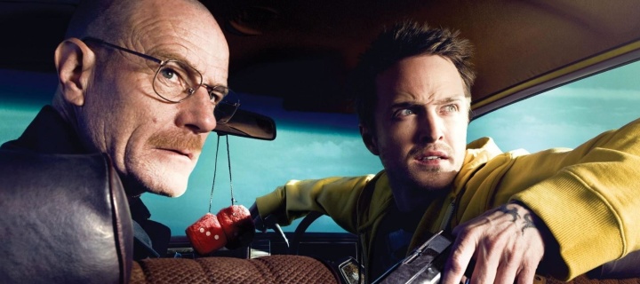 Обои Jessie Pinkman Aaron Paul and Walter White Bryan Cranston Heisenberg in Breaking Bad 720x320